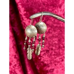 VTG Jewelry Dangle Drop Earrings Sterling Silver Conchos Red Beads & Feathers